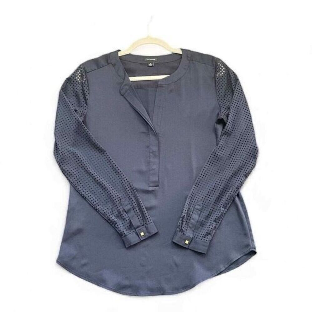 Ann Taylor Long Sleeve Blouse with perforated Sleeve Detail‎ Navy Blue Small